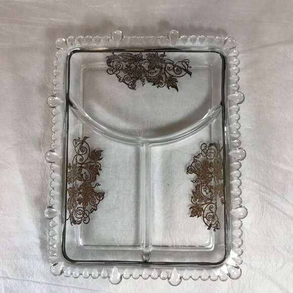 Vintage Silver Overlay Glass Rectangular 3-Section Divided Dish - Picture 2 of 7